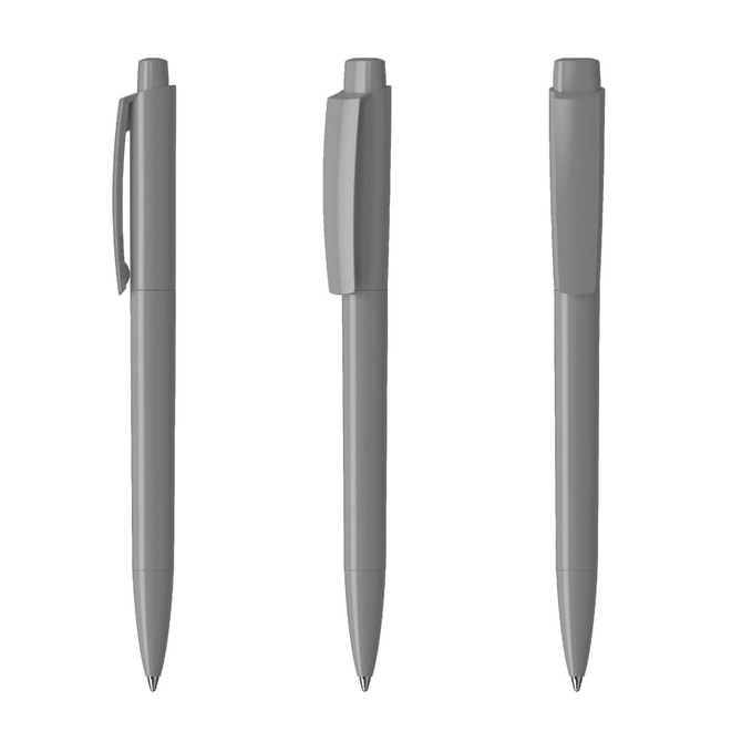 A set of three grey plastic pens with various cap designs, featuring a simple branding logo.