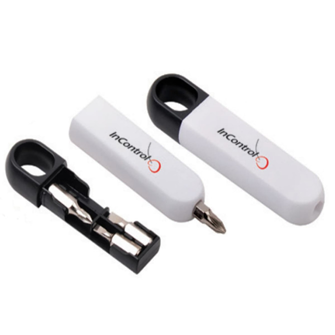 A compact tool set featuring black and white components, including a screwdriver and interchangeable bits, with a logo.