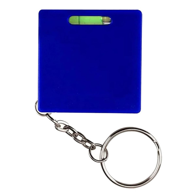 A blue Leveller Tape Measure keyring featuring a small level bubble. Includes a metal keyring attachment.