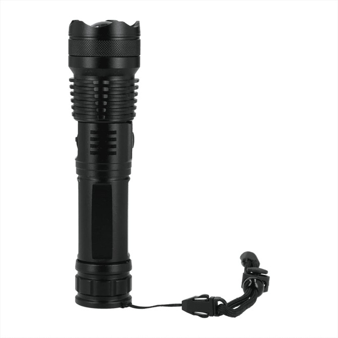 A black LED flashlight with textured grip and a lanyard attachment. It has a sleek, cylindrical design.