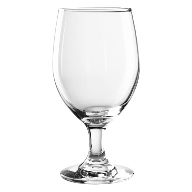 A clear glass beer tumbler with a curved body and a sturdy stem, suitable for 410ml of beverage.