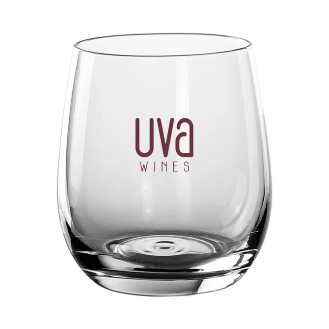 A stemless glass cup in clear glass, featuring a logo in burgundy, suitable for various beverages.