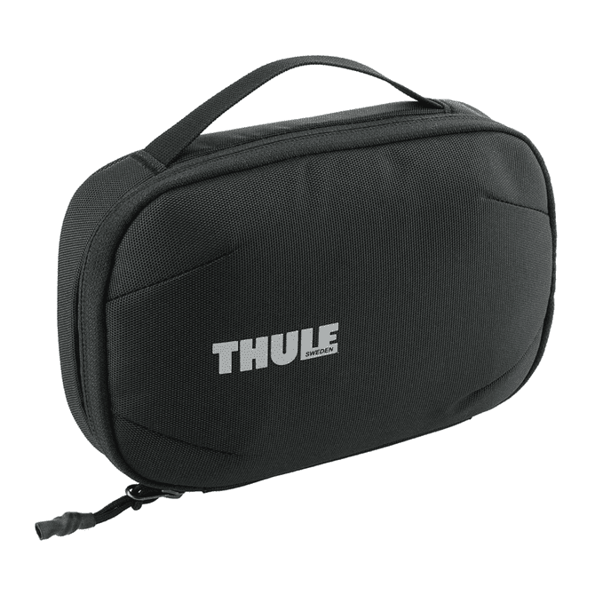 A black toiletry bag with a handle and branding, featuring a zip closure and textured surface.