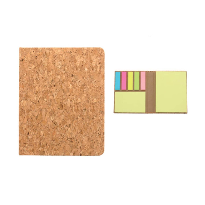 A cork notepad with a textured cover and a set of sticky notes in pastel colours. Includes a logo.