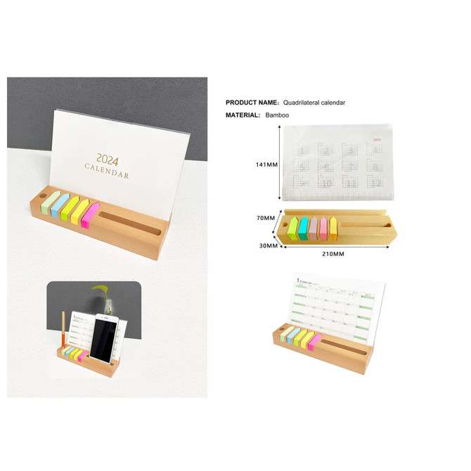 A bamboo calendar and memo holder with multiple coloured tabs, featuring a clear display for notes and plans.