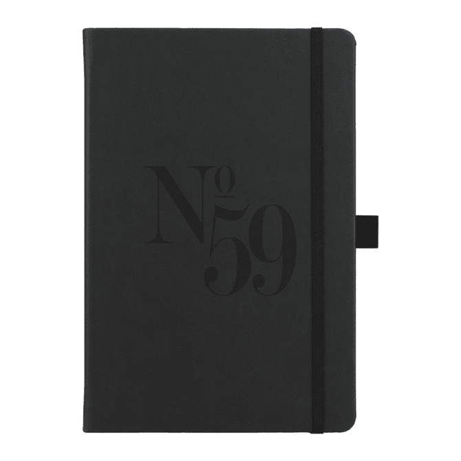 A black hard-bound journal with an elastic closure, featuring a logo on the front cover.