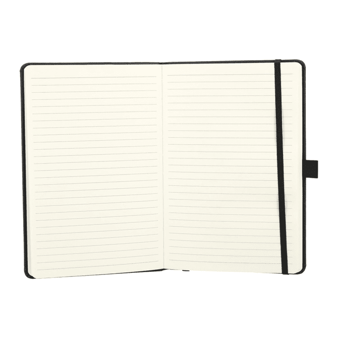 A hardbound journal notebook with lined pages and a black cover, featuring an elastic closure and bookmark.