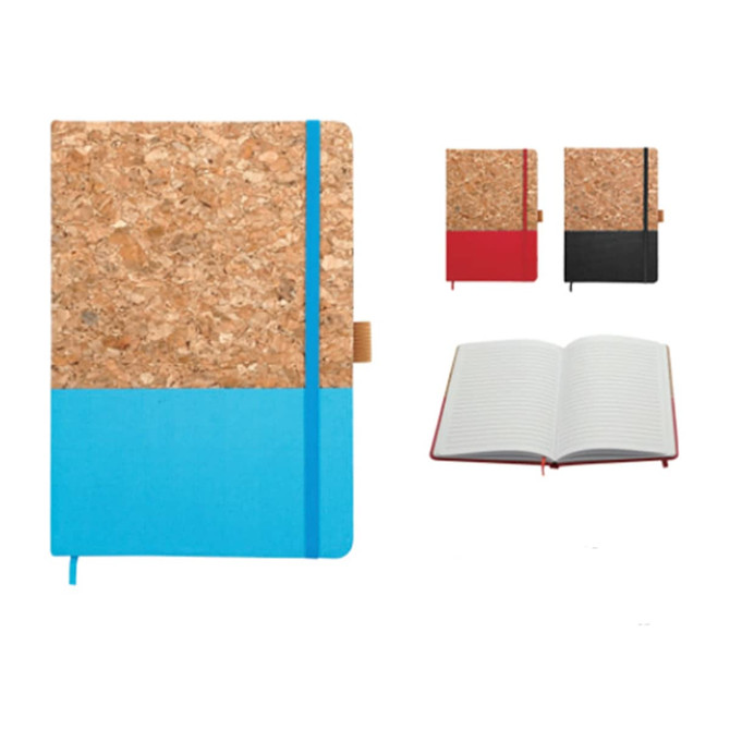 A5 Notebook featuring a cork cover with a blue lower section, available in red and black options, with lined pages inside.