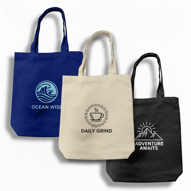 A navy blue tote bag with a wave logo, a natural canvas bag with a coffee design, and a black bag with a mountain logo.