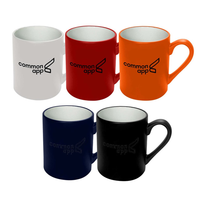 A set of coffee mugs in white, red, orange, navy, and black, featuring a logo on each mug.