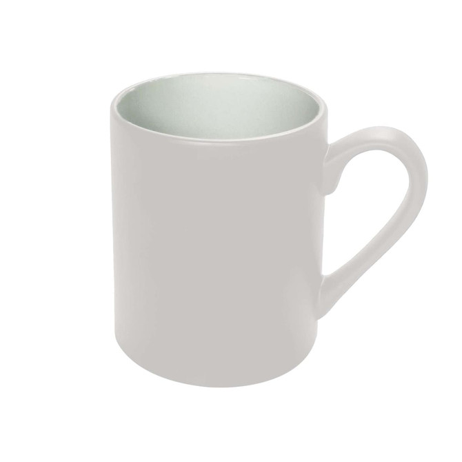 A coffee mug in a light grey exterior with a white interior. It features a handle and a smooth finish, with a logo.