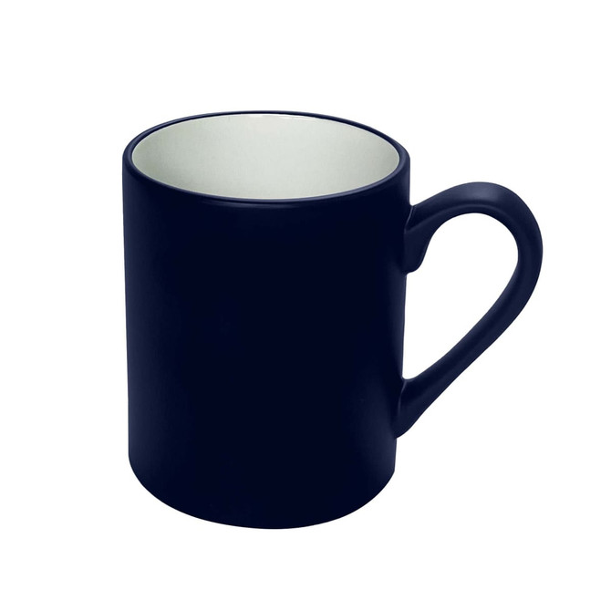 A coffee mug featuring a navy exterior and a contrasting interior, with a smooth finish and a sturdy handle.