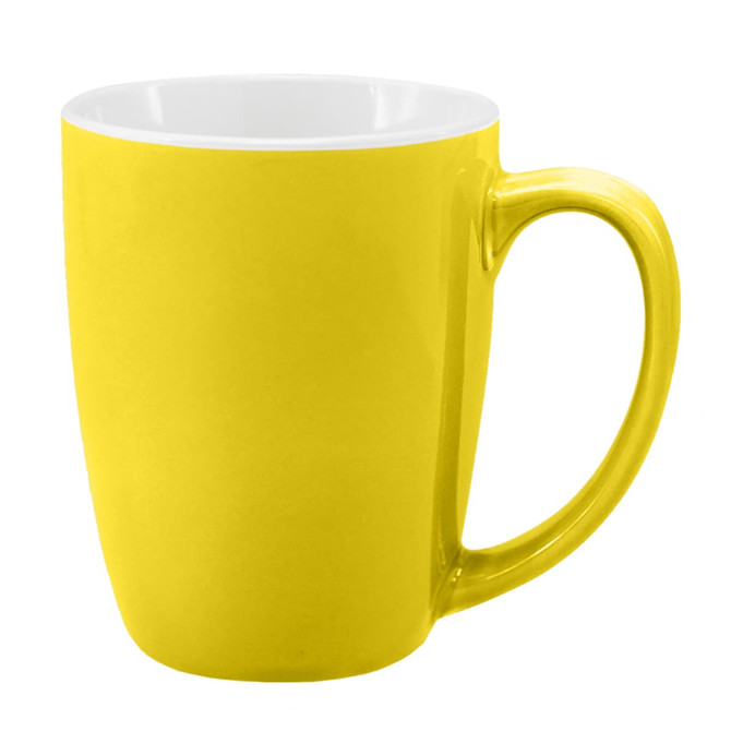 A yellow coffee mug with a glossy finish and a white interior, featuring a handle and a rounded shape.