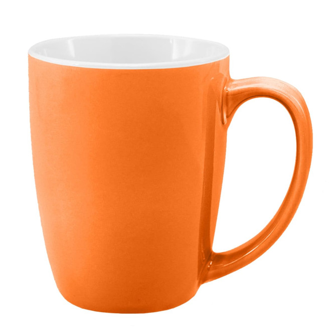 A coffee mug in vibrant orange with a white interior and a comfortable handle. It features a branding logo.