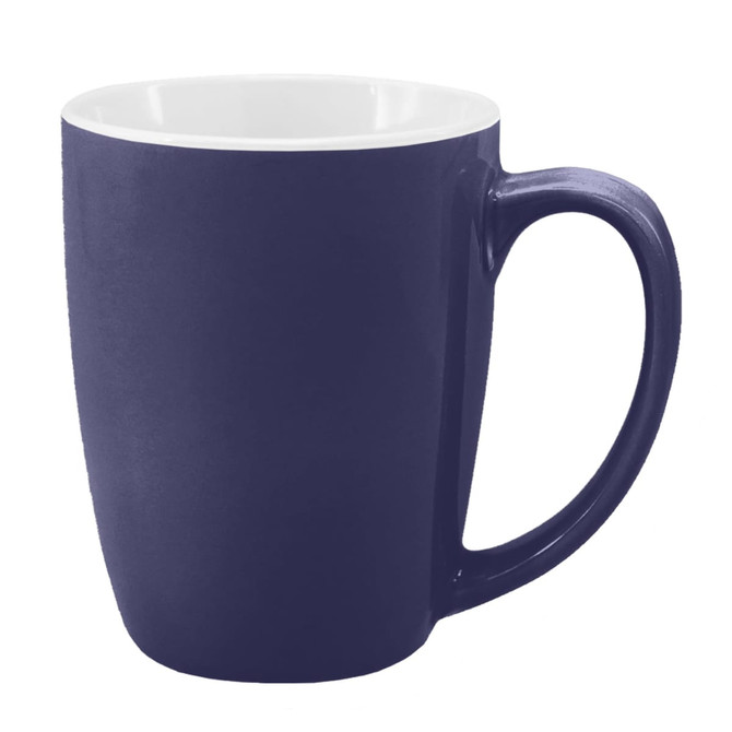 A coffee mug in navy blue with a white interior, featuring a handle and a smooth finish.