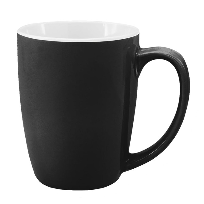 A coffee mug with a sleek black exterior and a white inner surface featuring a handle and a logo.