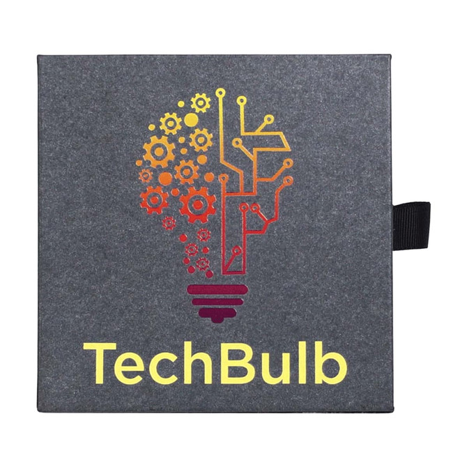 A square promotional product in grey with a colourful lightbulb graphic and a logo.