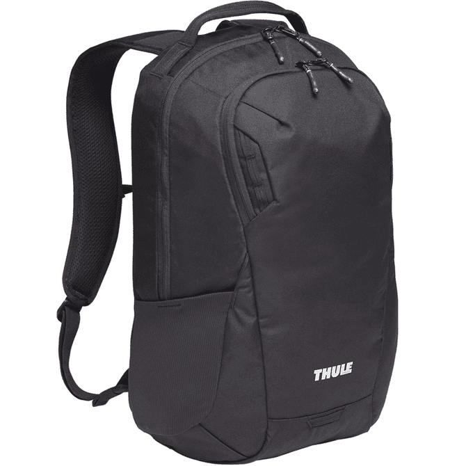 A black backpack featuring a sleek design, padded straps, and a logo on the front, ideal for laptops.