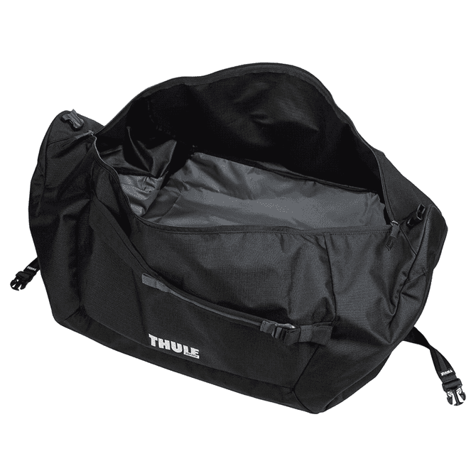 A duffel bag in black with a mid blue accent, featuring a spacious interior and a logo.