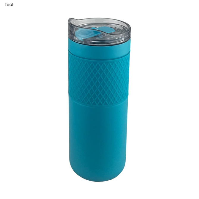 A drink bottle in teal with a textured grip and a clear, twist-on lid. It features a logo on the body.
