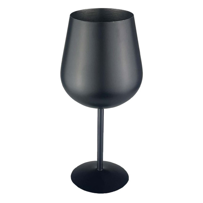 A stainless steel wine glass in matte black, featuring a wide bowl and a slender stem. It has a simple logo.
