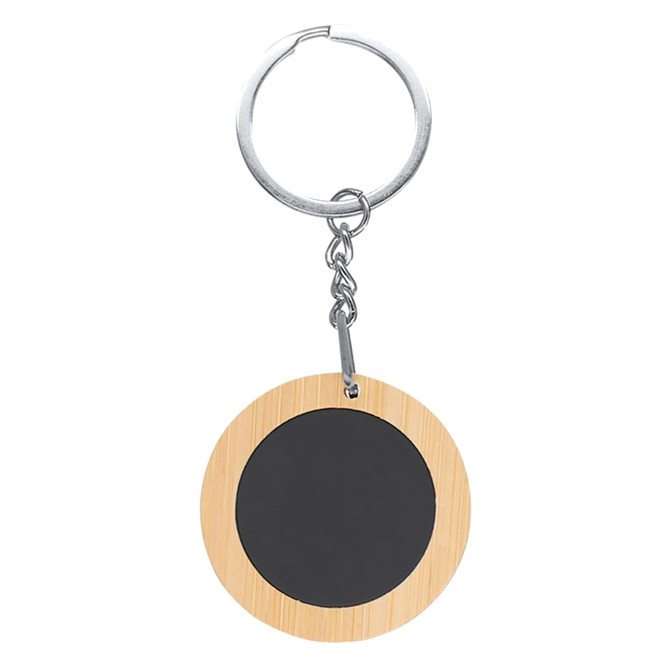 A round bamboo keyring with a silver metal keychain, featuring a blank black centre.