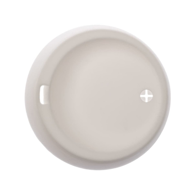 A coffee cup lid in white with a small hole and a cross design. Features a smooth surface and a minimalistic look.