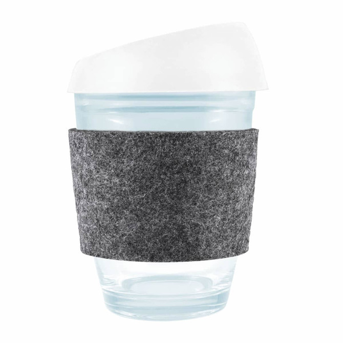 A reusable coffee cup featuring a clear body, a white silicone lid, and a gray RPET band for grip.