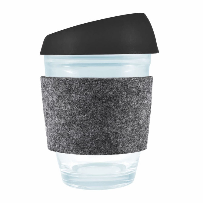 A reusable coffee cup featuring a clear design, a black silicone lid, and a gray RPET band for grip.
