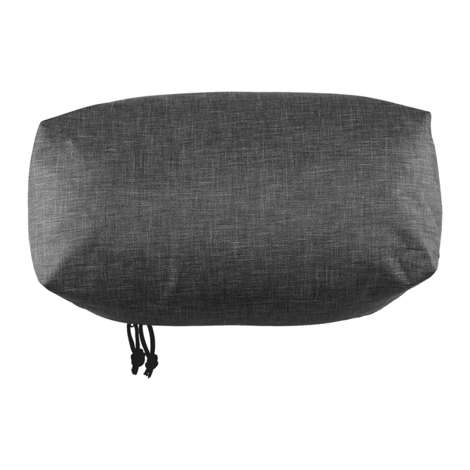 A charcoal grey packing cube with a textured design, featuring drawstring closures and a logo.