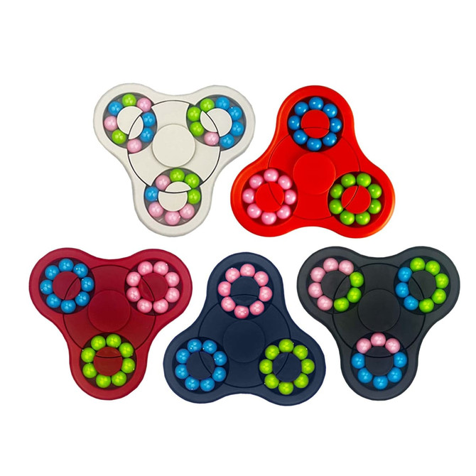 A set of five fidget spinners in red, navy, grey, maroon, and black, each featuring colourful buttons.