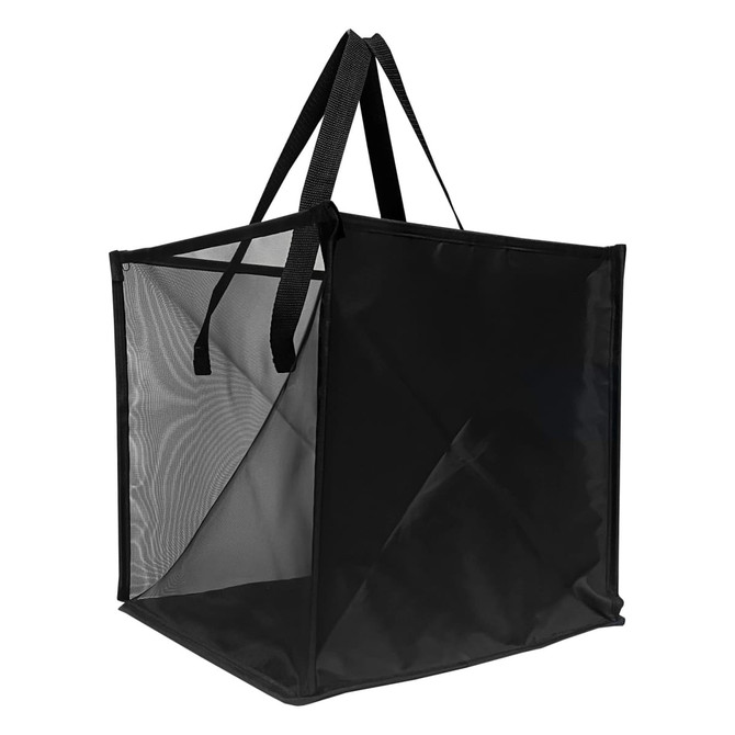 A black laundry basket featuring mesh sides and sturdy handles for easy carrying. It has a simple, modern design.