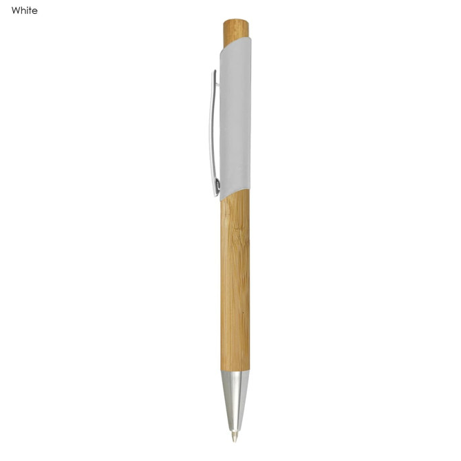 A bamboo pen featuring a wooden body and a white grip, with a silver clip and nib.