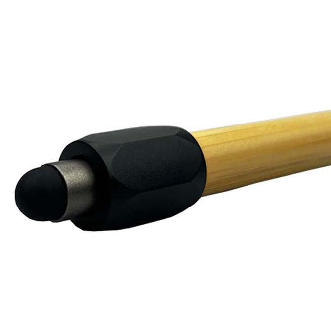 A bamboo stylus pen with a black rubber tip and a hexagonal black grip.