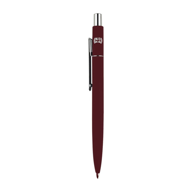A burgundy metal pen with a silver clip and a logo on the barrel.