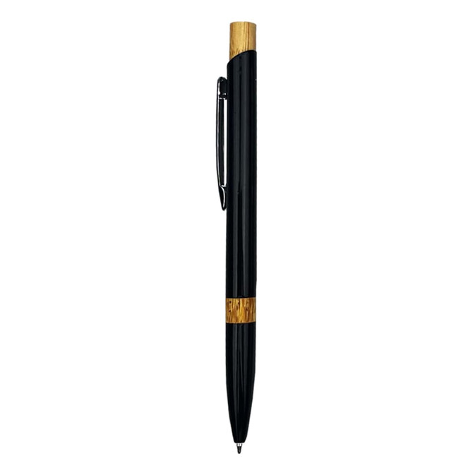 A black metal pen with a bamboo accent and a silver clip. The pen features a logo on its body.