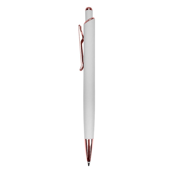 A white metal pen with a rose gold clip and tip, featuring a logo on the body.