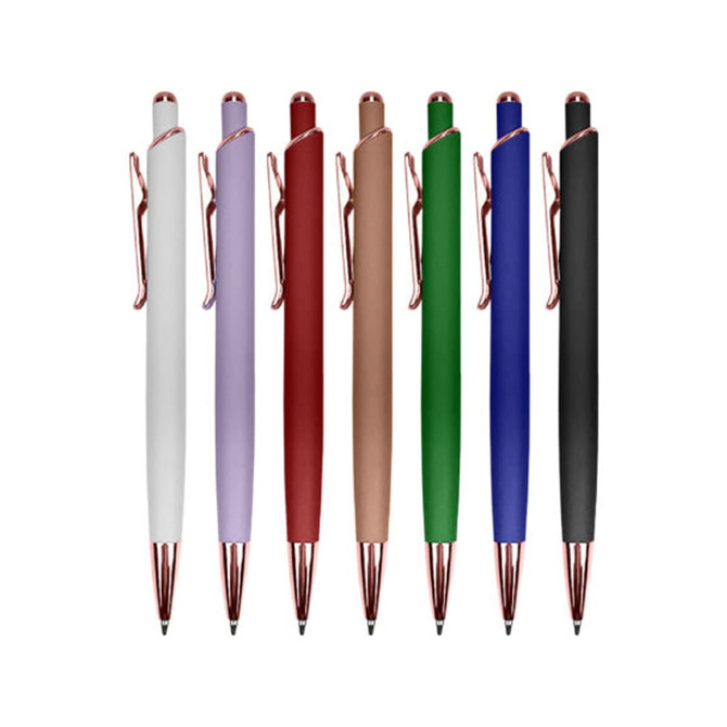 A collection of eight metal pens in various colours: white, lavender, red, bronze, green, blue, black, and a rose gold clip.