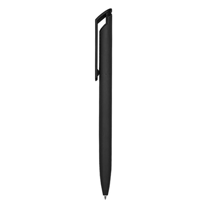 A sleek black metal pen with a clip, featuring a minimalist design and a smooth finish.