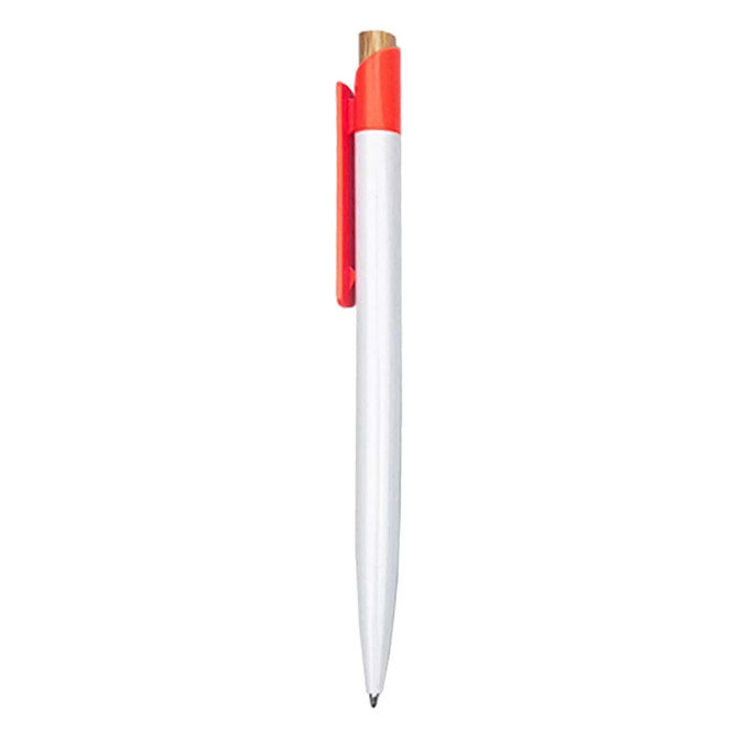 A plastic pen featuring a white barrel and a red clip, with a gold accent at the tip. It has a logo on the barrel.