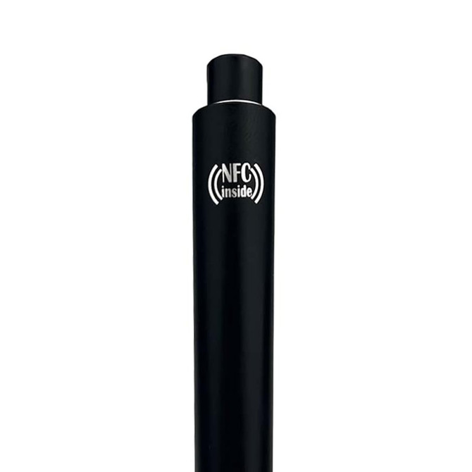 A black stylus pen with a sleek design and a logo indicating NFC technology.