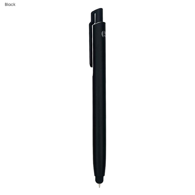 A black stylus pen with a sleek design and a clip. It features a logo on the side.