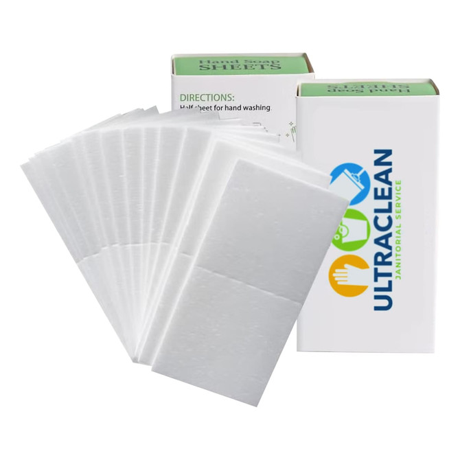 A stack of white soap sheets packaged in two boxes, featuring a logo. The product offers convenient hand washing options.