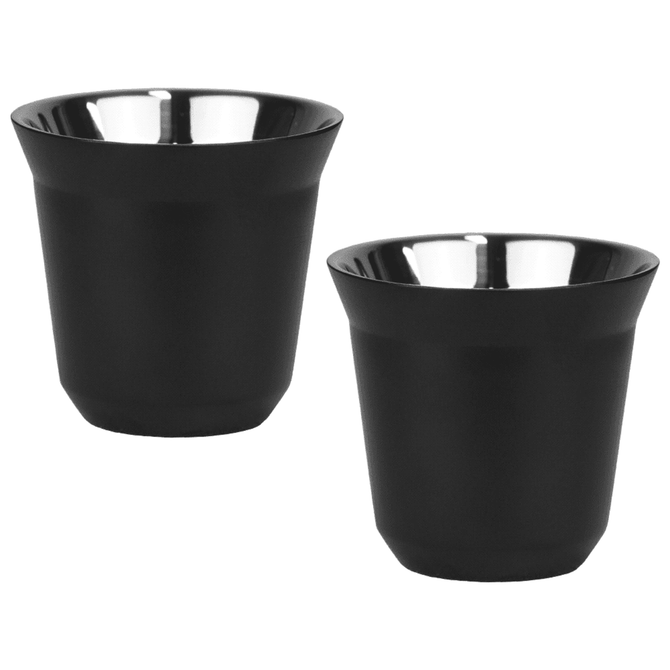 A set of two recycled espresso cups in matte black with stainless steel interiors, featuring a logo.