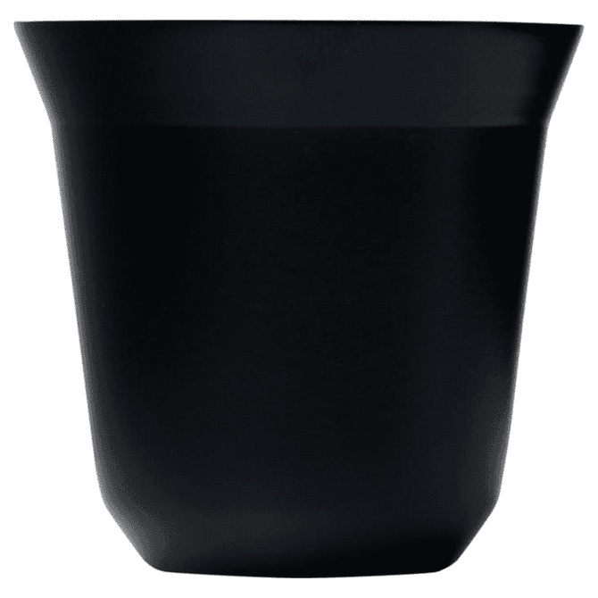 A black recycled espresso cup with a tapered shape and a glossy finish, featuring a logo.