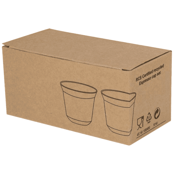 A recycled espresso cup set in a cardboard box, featuring two cups in a simple, rounded design.