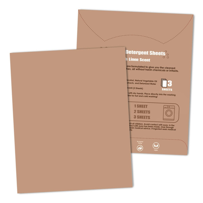 Laundry detergent sheets in a brown packaging, featuring an illustration of sheets and a logo on the back.
