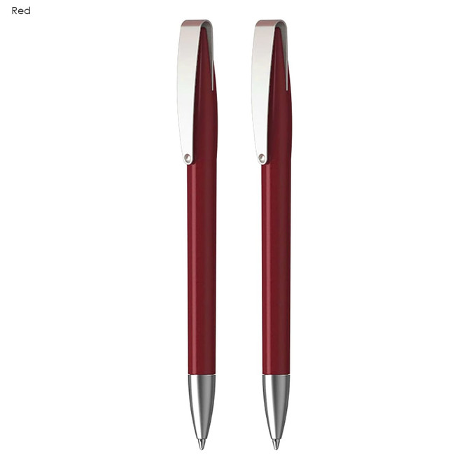 A set of two metallic red plastic pens with silver accents and a logo visible.