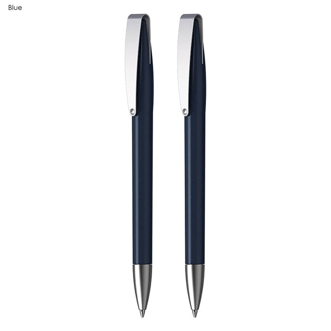 A set of two blue plastic pens with metallic accents, featuring clips and a logo.