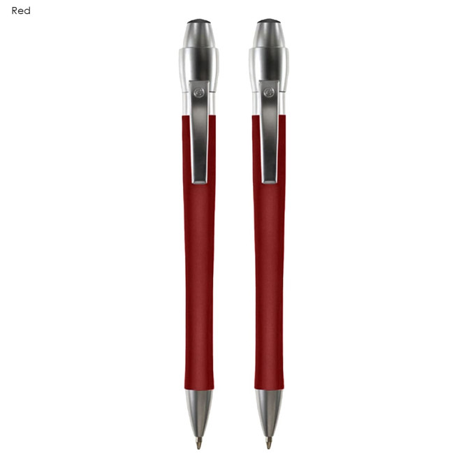 A set of two red metal pens with shiny silver accents and clips, featuring a sleek design.